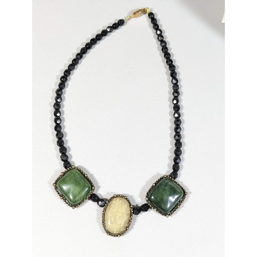 Black Glass Bead green Ivory Color Acrylic Square Oval Cabochon Necklace 16.5 in